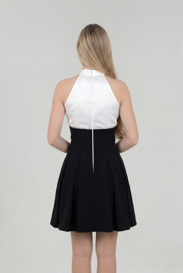 Elegant Halter Neck Mini Dress with Puffy Pleated Skirt & Scarf Detail