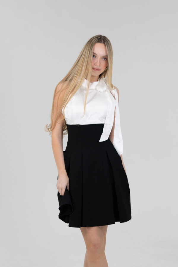 Elegant Halter Neck Mini Dress with Puffy Pleated Skirt & Scarf Detail